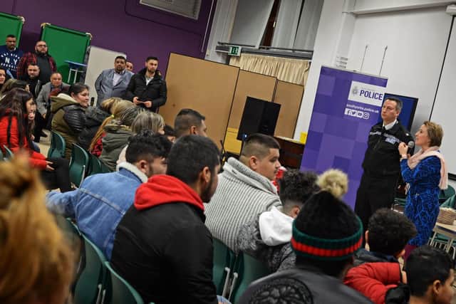 Superintendent Paul McCurry and Bibiana Jordan-Horvath, Cultural consultant, pictured speaking to members of the community at Fir Vale School. Picture: NSST-28-01-19-HorvathovaFirVale-6