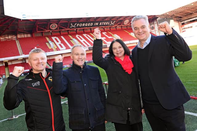 Pictured celebrating the news at Bramall Lane are (from left to right): Liam Claffey, general manager of Sheffield Eagles;  Gary Clifton, Sheffield Council's major event manager; Coun Mary Lea, cabinet member for culture, parks and leisure and Dave McCarthy, operations director at Sheffield United. Picture: Marie Caley.