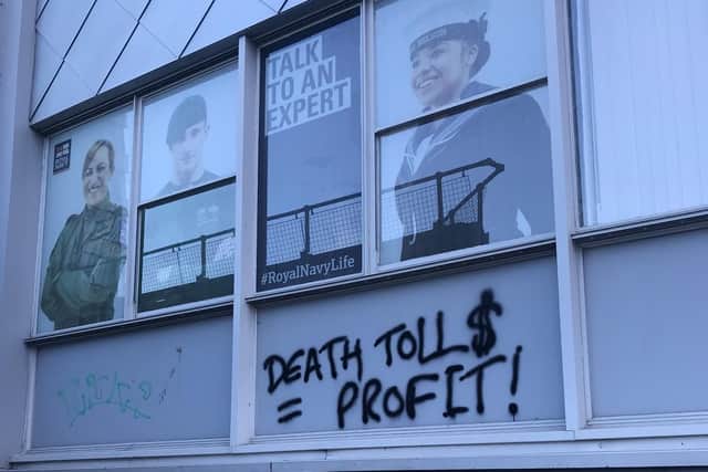 Graffiti on the side of the Army careers hub in Sheffield. Picture: Sarah Marshall / The Star