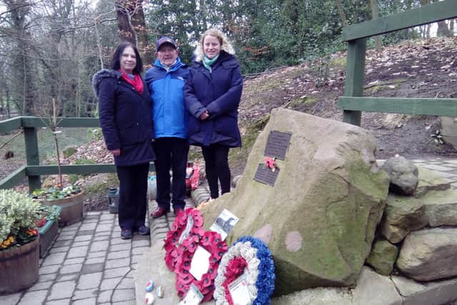 Tony Foulds with Couns Mary Lea, left, and deputy leader Olivia Blake at the Mi Amigo air crew memorial in Endcliffe Park