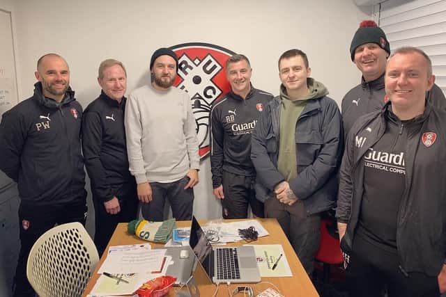Mat Nicholls with members of Rotherham United staff and players