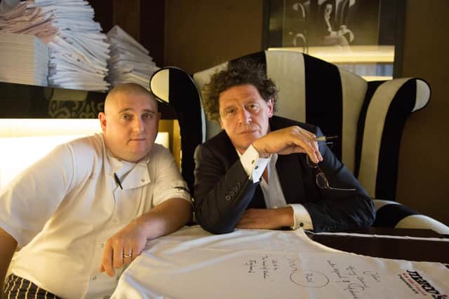 John Cluckie, chef at Sheffield restaurant Marco's New york Italian, with "the boss", Marco Pierre White