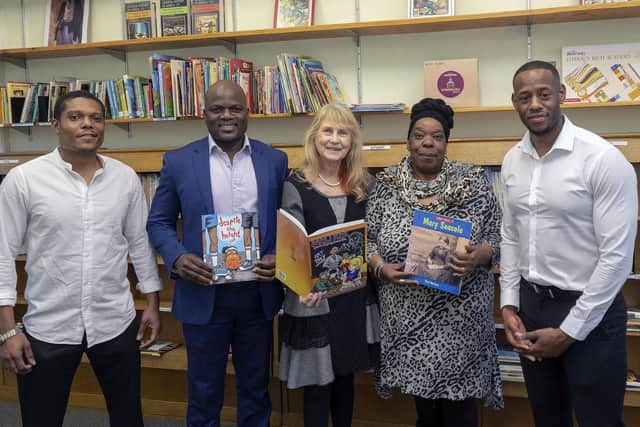 Jason Cuffe, Olivier Tsemo, Coun Jackie Drayton, Christina Ramsey and John Kamara at the official opening of  SADDACA's  Basil Griffith Library