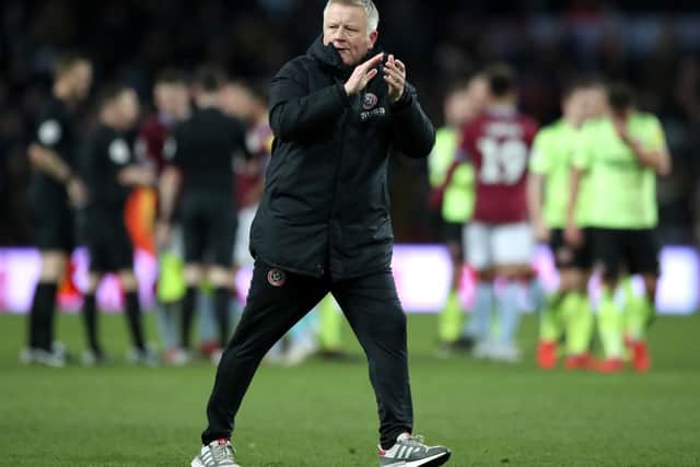Sheffield United manager Chris Wilder applauds the fans after the Sky Bet Championship match at Villa Park, Birmingham. Nick Potts/PA Wire.