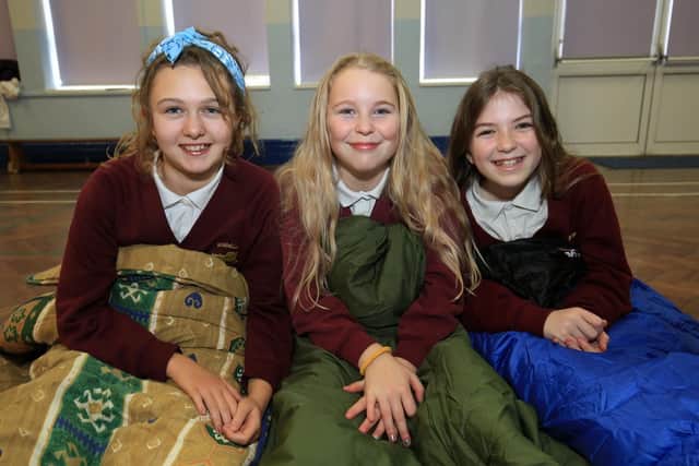 Pictured are Lola Parsisson, 11, Ronni-Mae Mason, 11, and Olivia Wheatley, 10 who took part in the sleepover to raise money for the homeless