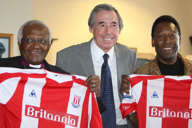 Former England goalkeeper Gordon Banks (centre) with Archbishop Desmond Tutu (left) and former Brazilian star Pele. Photo: Dave Thompson/PA Wire.