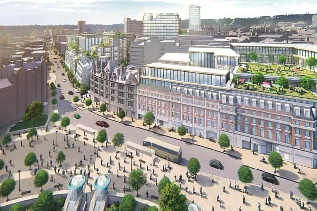 An artist's impression of Heart of the City 2 in Sheffield, showing how a redeveloped Pinstone Street would look