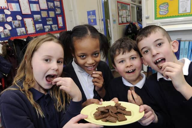 Pictured are Class Y4B Mindfulness chocolate activity.....LtoR. Ffion Davies,Sayda Ahmed,Elliott Furness,Alfie Anderson.