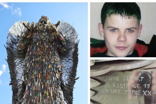 The knife angel sculpture includes an inscription paying tribute to murdered Sheffield teen Jamie Stuart