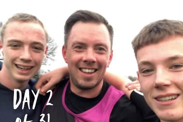 Sam and Billy take on their January challenge in memory of friend Jack - pictured with Jack's dad, Dan