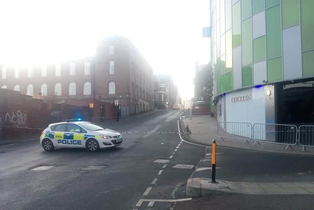 Police outside the nightclub Cocoon on Rockingham Street in Sheffield city centre this morning