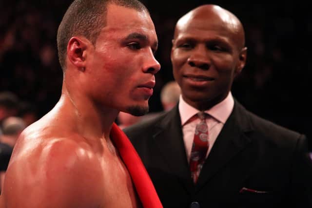 Chris Eubank Jr celebrates victory over Gary O'Sullivan with his dad Chris Eubank Snr during the Middleweight bout at the O2 Arena, London.
