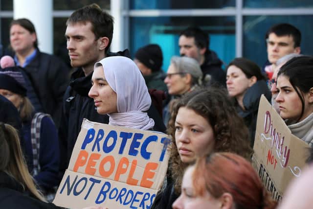 Protesters outside the Home Office's Vulcan House immigration reporting centre in Sheffield (pic: Chris Etchells)