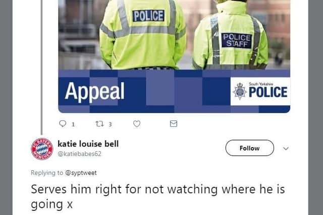 She has sent offensive messages on multiple appeals for missing people and other police posts (Picture: @katiebabes62/ Twitter)