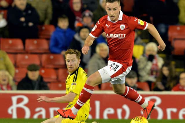 Mike Bahre takes control from Stephen Quinn.
Barnsley FC v Burton Albion.  SkyBet League 1.  Oakwell Stadium.
19  February 2019.  Picture Bruce Rollinson