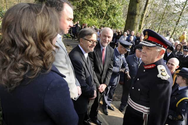 Pictured is The Lord Lieutenant of South Yorks Andrew Coombe meeting relatives of the fallen crew who have flown in from America