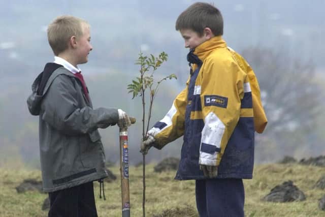 Jack Pearson, left,  and Stephen Davis from Woodhouse West primary school planting trees next to the Trans Pennine Trail at Woodhouse as part of National Tree week in November 2000