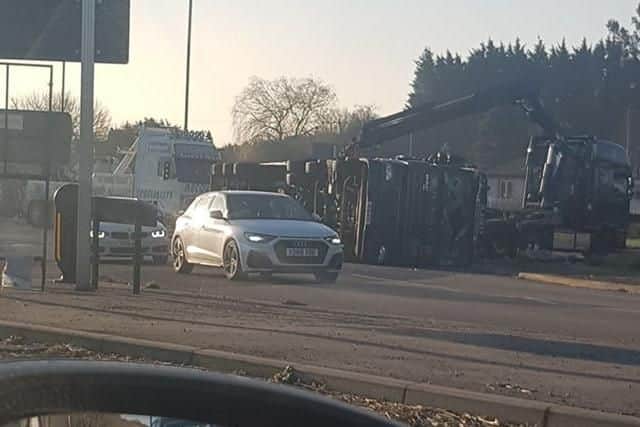 A lorry overturned on a roundabout at Todwick, Rotherham, this morning