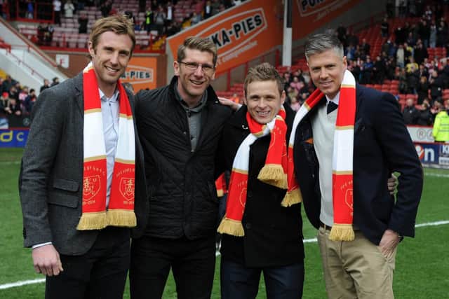 Derek Geary with, from left to right, former Sheffield United team mates Rob Hulse, Richard Cresswell and Leigh Bromby  BLADES SPORTS PHOTOGRAPHY