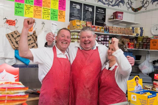 Irish Lotto winner Glyn Sterland at the Sheffield butchers where he works, with colleagues Ian and Sharon Batty. (pic: Jon Parker Lee)