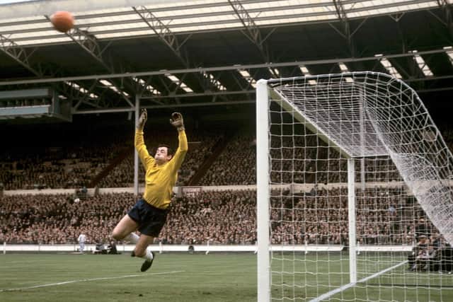 Gordon Banks jumps to make a save for England against Hungary at Wembley in 1965.