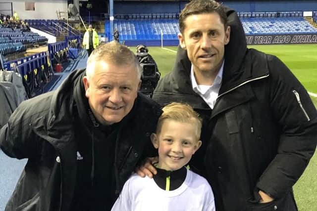 Shay O'Grady, pictured with United manager Chris Wilder and former midfielder Michael Brown