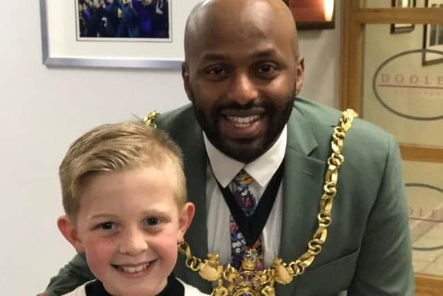 Shay O'Grady, pictured with the Lord Mayor of Sheffield Coun Magid Magid.