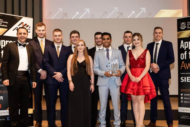 The 2019 Apprentice of the Year award winners on stage with Brian Holliday, far left, a former apprentice and now managing director for Siemens Digital Factory, headline sponsor of the event.