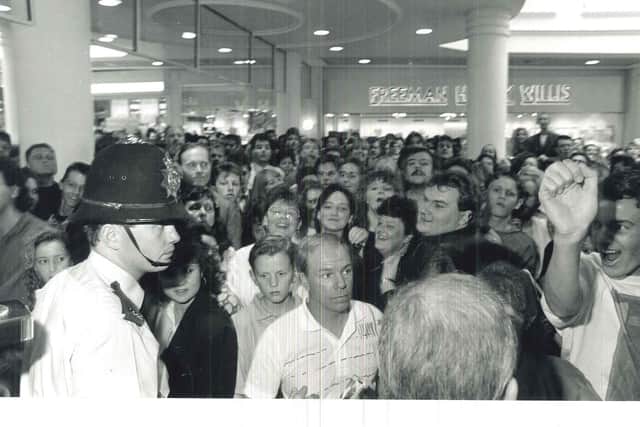 Such were the huge crowds at the opening of Meadowhall, that police had to control the shoppers.