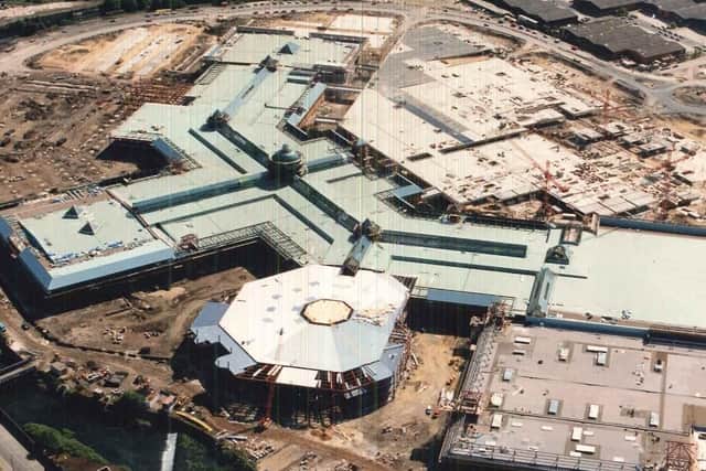 An aerial shot of how Meadowhall looked during its construction in the late 1980s.