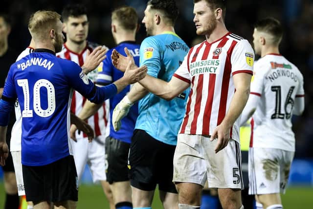 Barry Bannan of Sheffield Wednesday and Jack O'Connell of Sheffield United shake hands after the goalless draw at Hillsborough: James Wilson/Sportimage