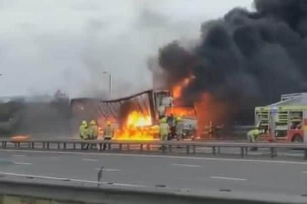 Lorry fire on the M1 motorway. Picture: Matthew Barber.