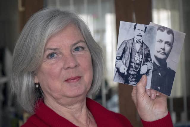 Sue Gribbon with photos of some of her ancestors