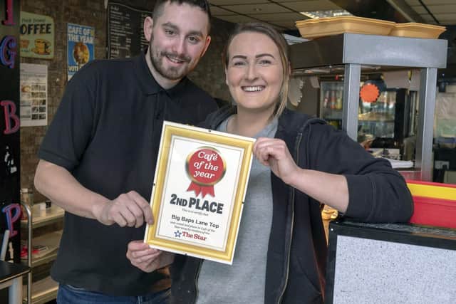Owners Sam Oakes and Lisa Hitchen celebrate as their cafe Big Baps Lane Top is runner up in Cafe of the Year 2019. Picture Scott Merrylees