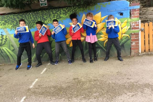 Year 4 pupils at Carfield Primary School celebrating their recent Ofsted judgement