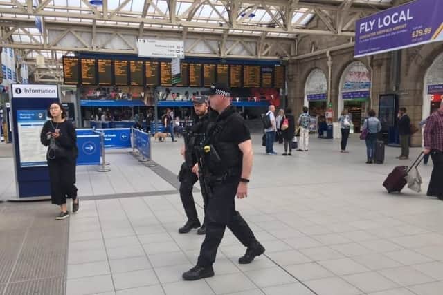 Armed police are today on patrol at Sheffield railway station. Photo courtesy of BBC