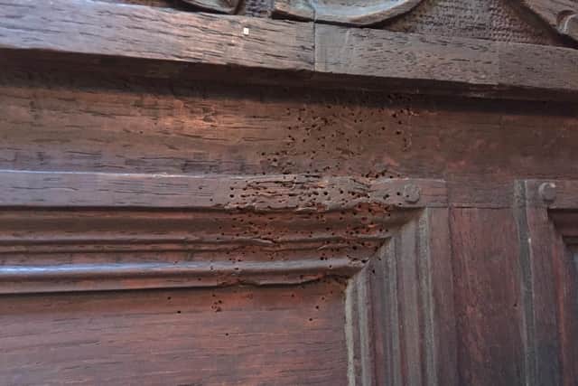 Dart marks on panelling at Carbrook Hall, which is being restored (pic: Sean Fogg)