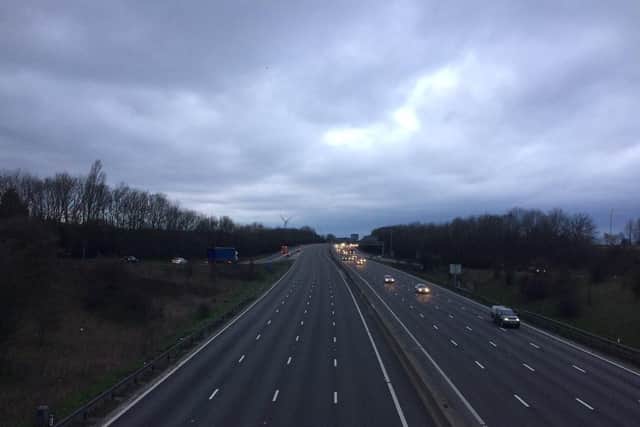 The M1 motorway near junction 31 for Aston, where there is no hard shoulder.