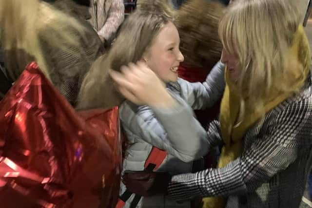 A lovely moment caught on camera: Freya greeting her mum Abigail following her opening night performance in Manchester