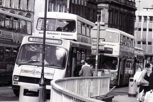 An Eager Beaver to Crookes leads the way through Sheffield City Centre.