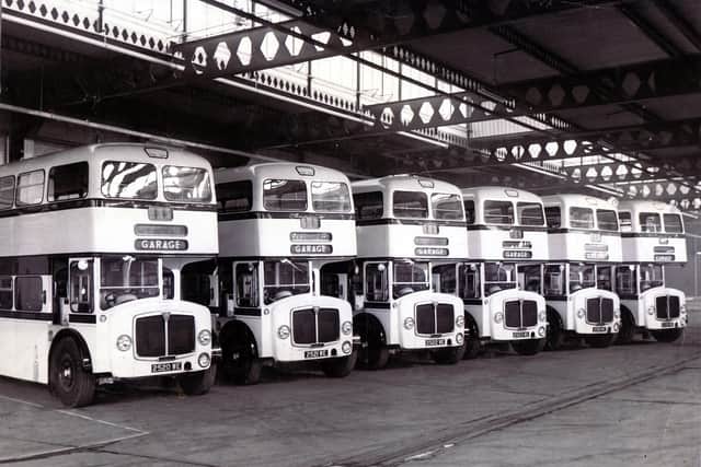 The city's fleet of buses in Sheffield Bus Garage in 1959.
