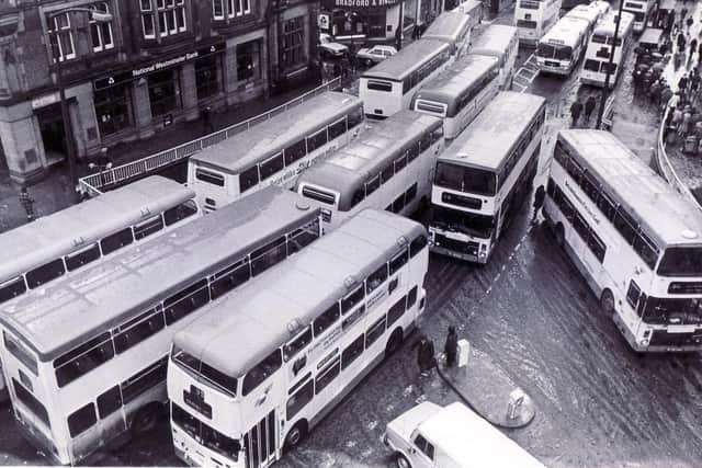 Sheffield grinds to a halt in a bus jam in the 1980s.