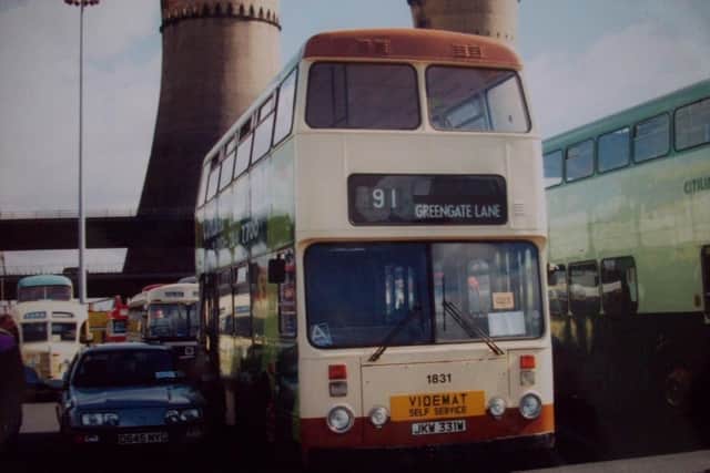 A brown and cream Videmat self service bus at Tinsley in the 1980s.