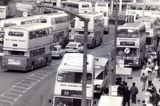 You wait for ages....a string of buses in Sheffield in the 1980s.