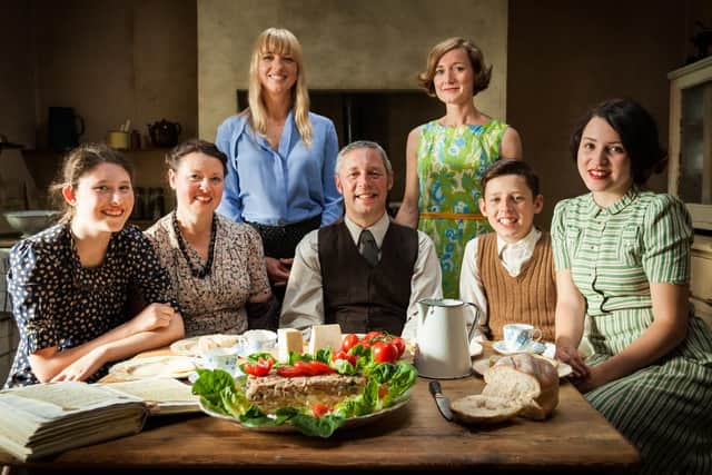 PresentersSara Cox and Polly Russell with the Ellis family from Back in Time for Tea (pic: Wall to Wall/BBC Two)