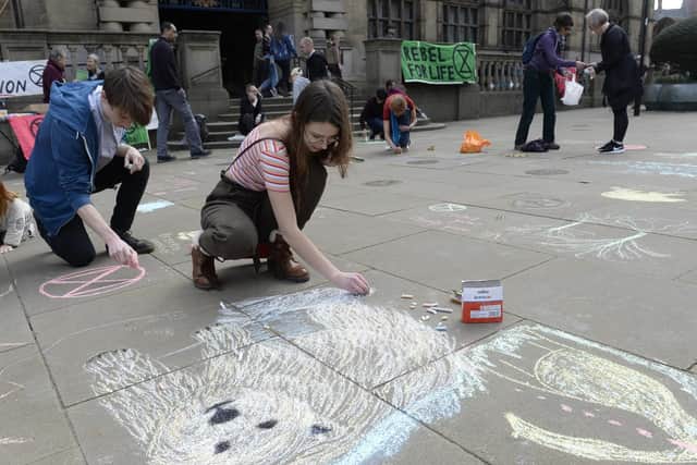 Activists chalk messages outside Sheffield Town Hall to bring attention to climate change