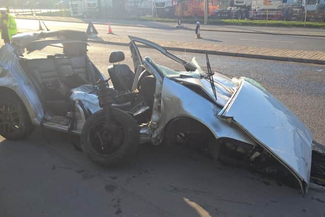 A car was destroyed after a crash in Sheffield