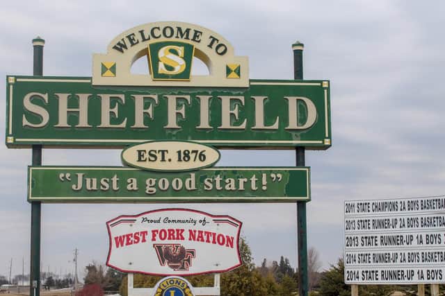The sign welcoming people to Sheffield, USA. Picture: Kelli Lage