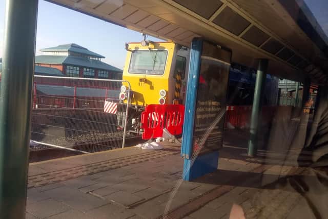 The loco unit has been fenced off at Meadowhall tram stop.