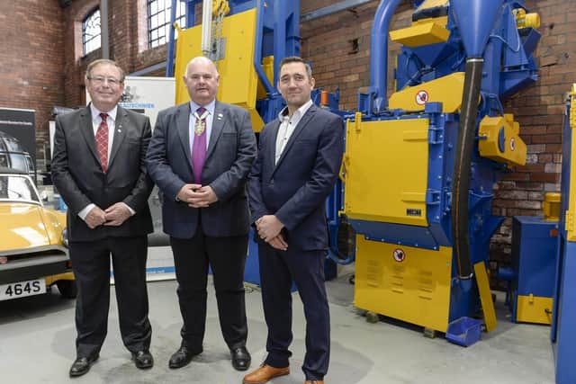 Master Cutler Nick Cragg at Straaltechniek UK's Sheffield HQ with the firm's chairman Graham Ward and managing director Andy Allen